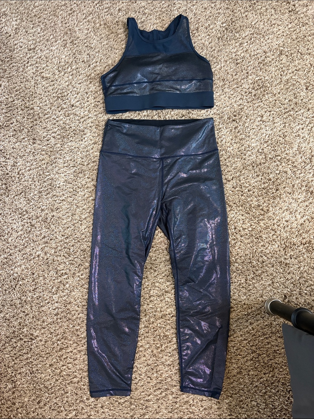 ZYIA Iridescent Navy High-Waist Leggings and sports bra set